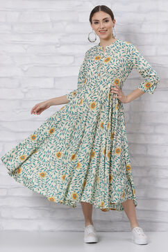 Cream Flared Printed Dress image number 0